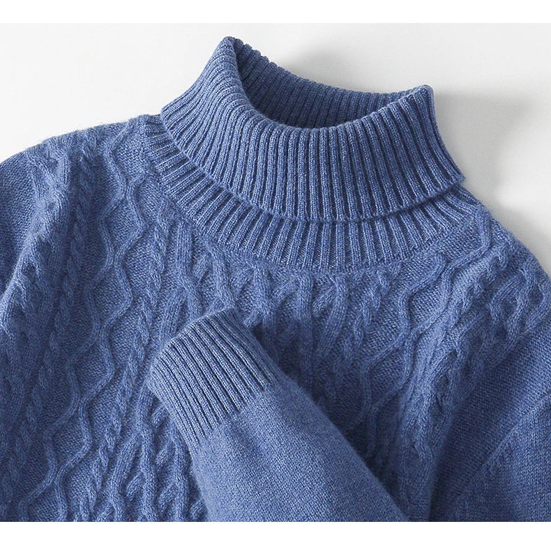 Fall/Winter 100% Wool Men's Turtleneck Thicken Sweater Jacquard Solid Cashmere Knitted Bottom Shirt