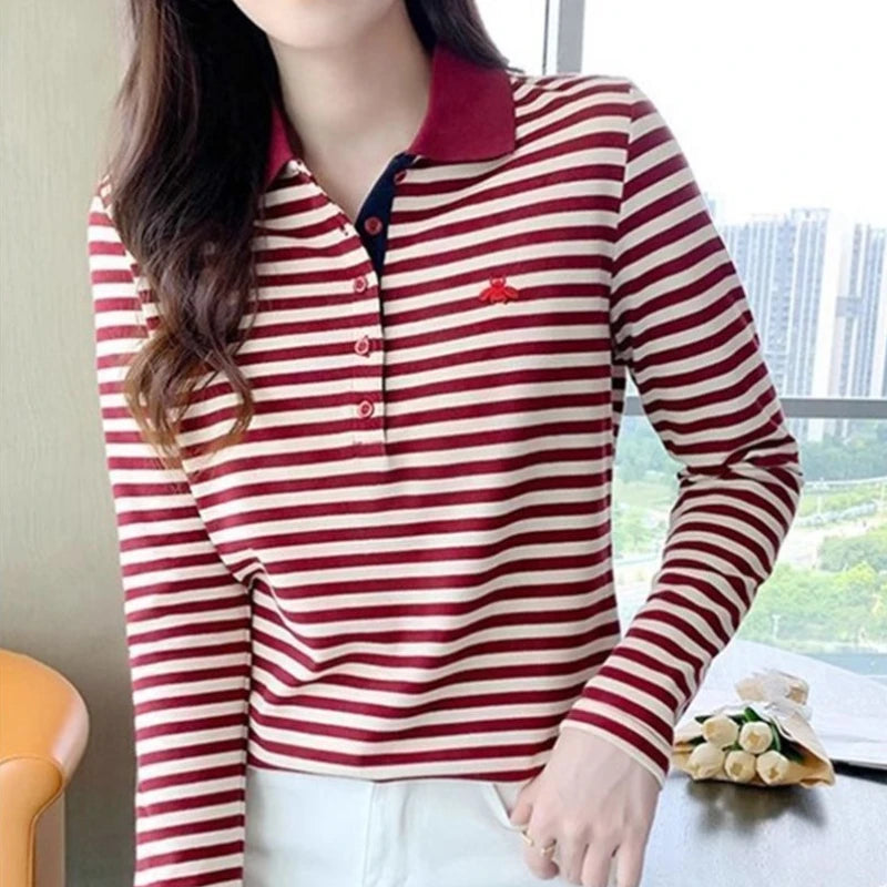 Korean Slimming Polo T-Shirt Women 95% Cotton Loose Fit Long Sleeve Streetwear for Autumn Winter Casual Outfits