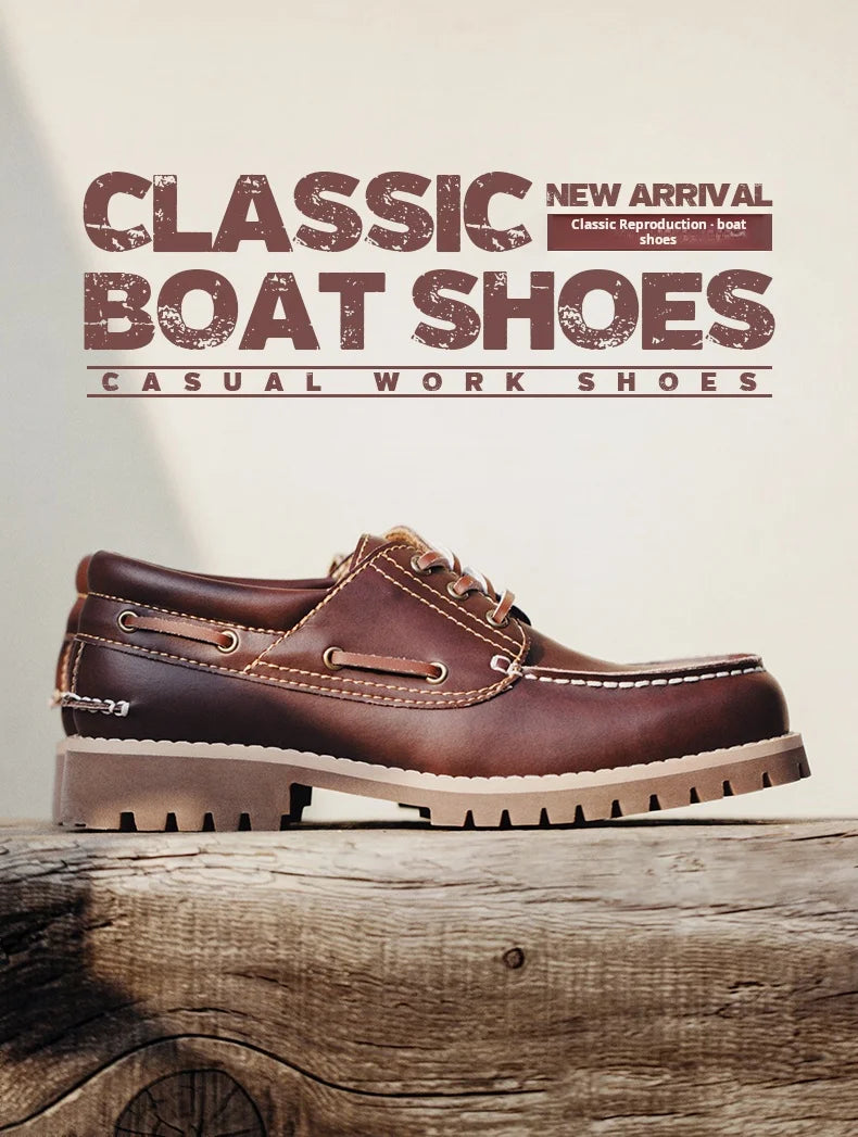 Maden Men's Vintage Boat Shoes Lace-up Round Toe Derby Shoes Low Top Boots British Style Classic Work Dress Shoes