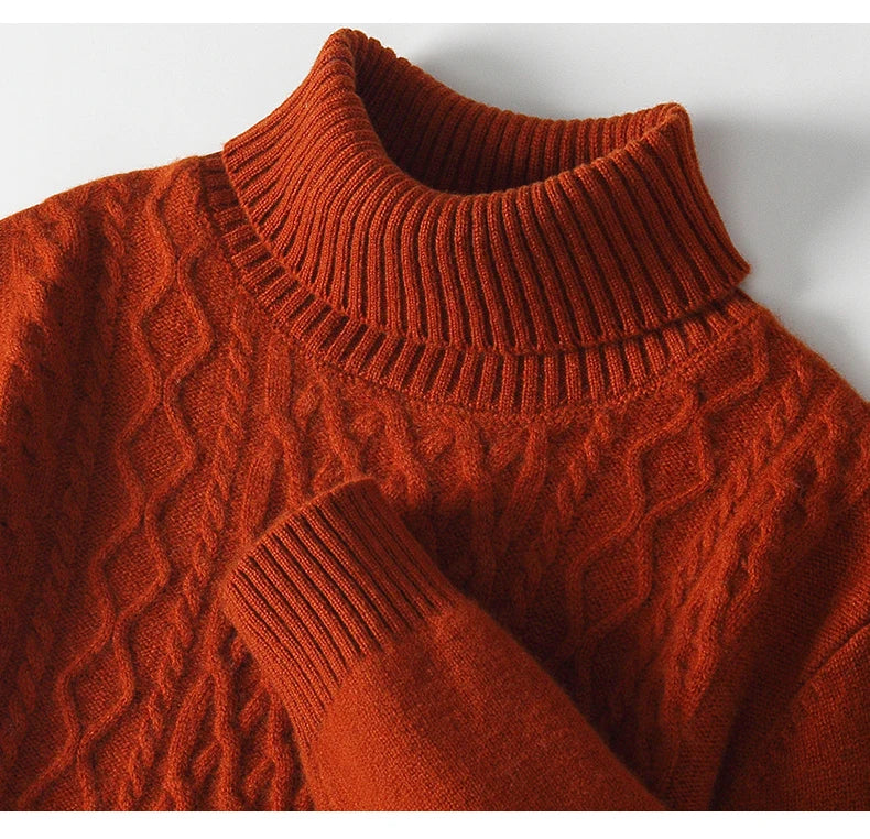 Fall/Winter 100% Wool Men's Turtleneck Thicken Sweater Jacquard Solid Cashmere Knitted Bottom Shirt