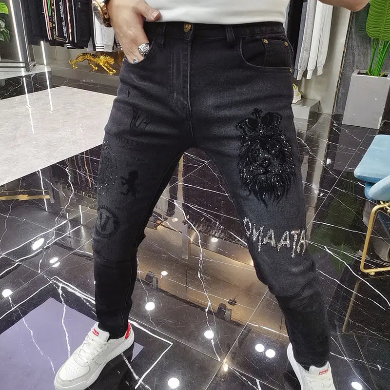 Hot-Stamped Rhinestone Men's Jeans, Trendy Brand, Stretchy Slim Fit, Embroidered and Printed Men's Trousers