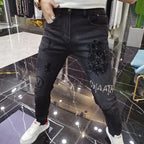 Hot-Stamped Rhinestone Men's Jeans, Trendy Brand, Stretchy Slim Fit, Embroidered and Printed Men's Trousers