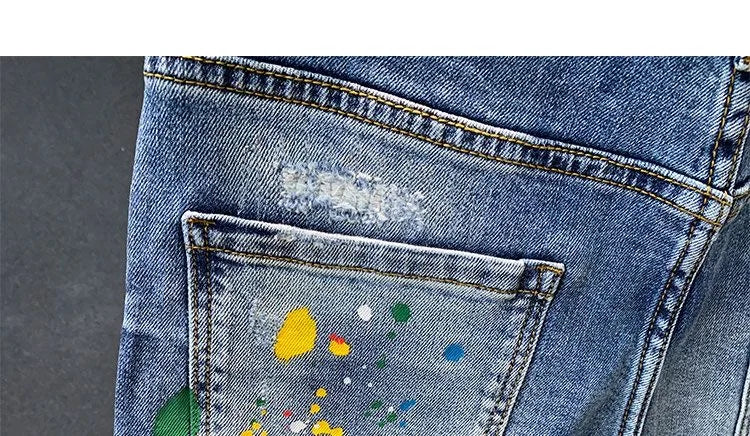 2025 Summer New Fashion Trend Printed Ripped Straight Stretch Jeans Men's Casual Loose Sports High Quality Denim Shorts 28-36