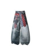 Women American Vintage Print Tie Machete Pattern Jeans Loose Wide Leg Street Hot Girl Design All Match Denim Long Trousers