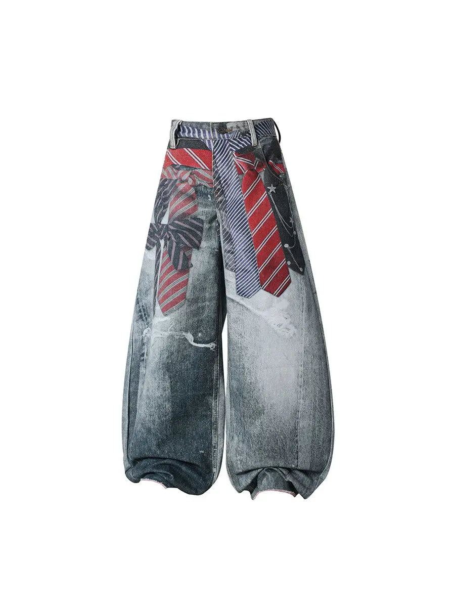 Women American Vintage Print Tie Machete Pattern Jeans Loose Wide Leg Street Hot Girl Design All Match Denim Long Trousers