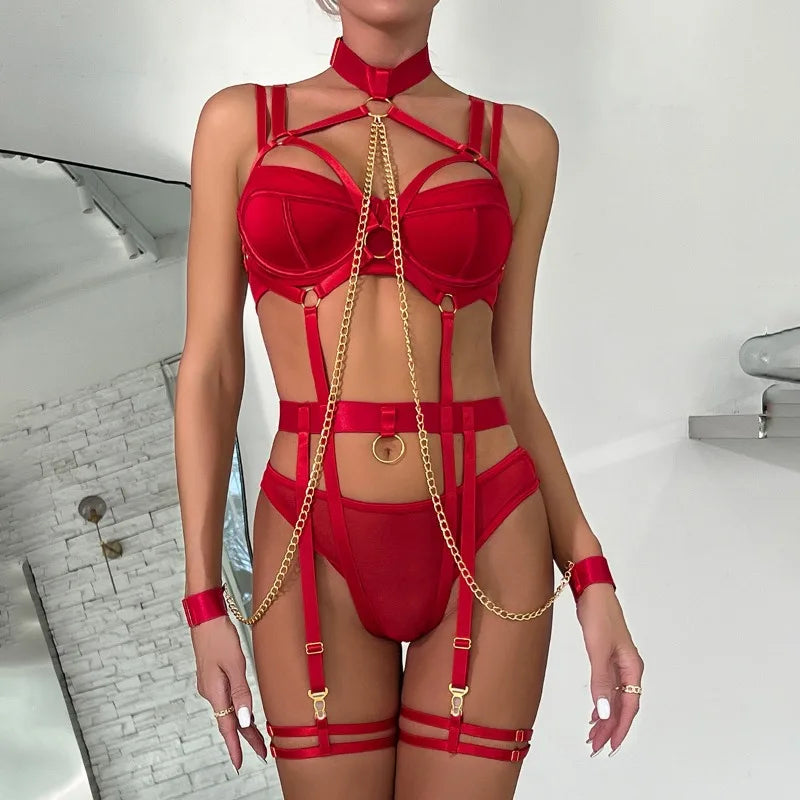 Toucheart 4 Piece Set Sexy Chain Halter Underwear Set For Women Erotic Lingerie Temptation Sexy Role Play Chain Underwear Set