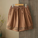 Women's Summer Retro Hollow Lace Trim Linen Shorts Elastic Drawstring Waist Casual Commute Wide Leg Pants