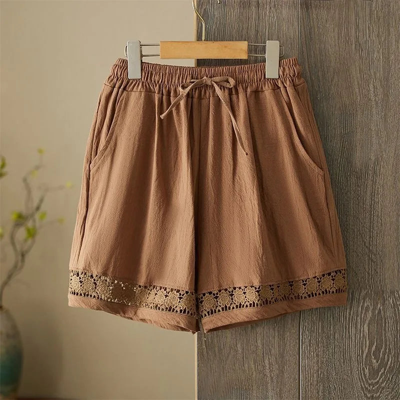 Women's Summer Retro Hollow Lace Trim Linen Shorts Elastic Drawstring Waist Casual Commute Wide Leg Pants