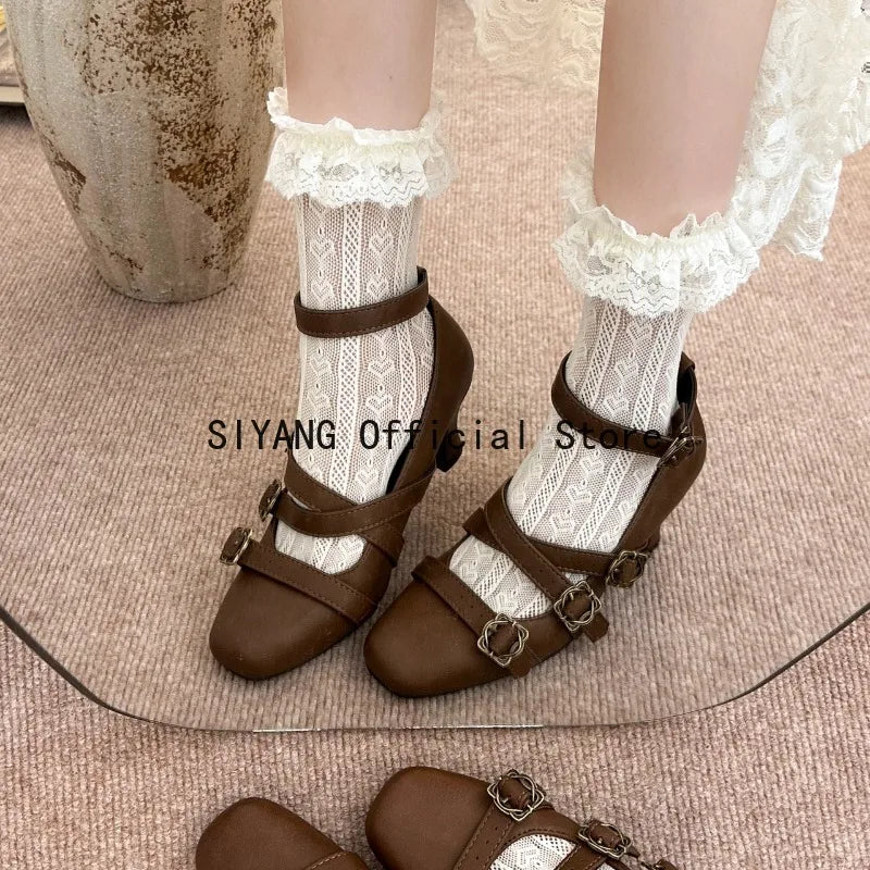 Sweet Lolita Cross Buckle Strap Women Mary Jane Shoes Fashion Multi Metal Buckle Shoes Retro Wedding Party Dress Ladies Pumps