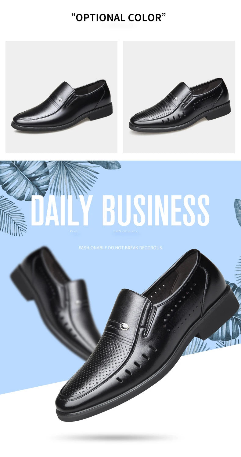 Men's Breathable Hollow Out Elevator Dress Leather Shoes Spring Summer 6cm Height Increase Business Slip-On Formal Office Shoes