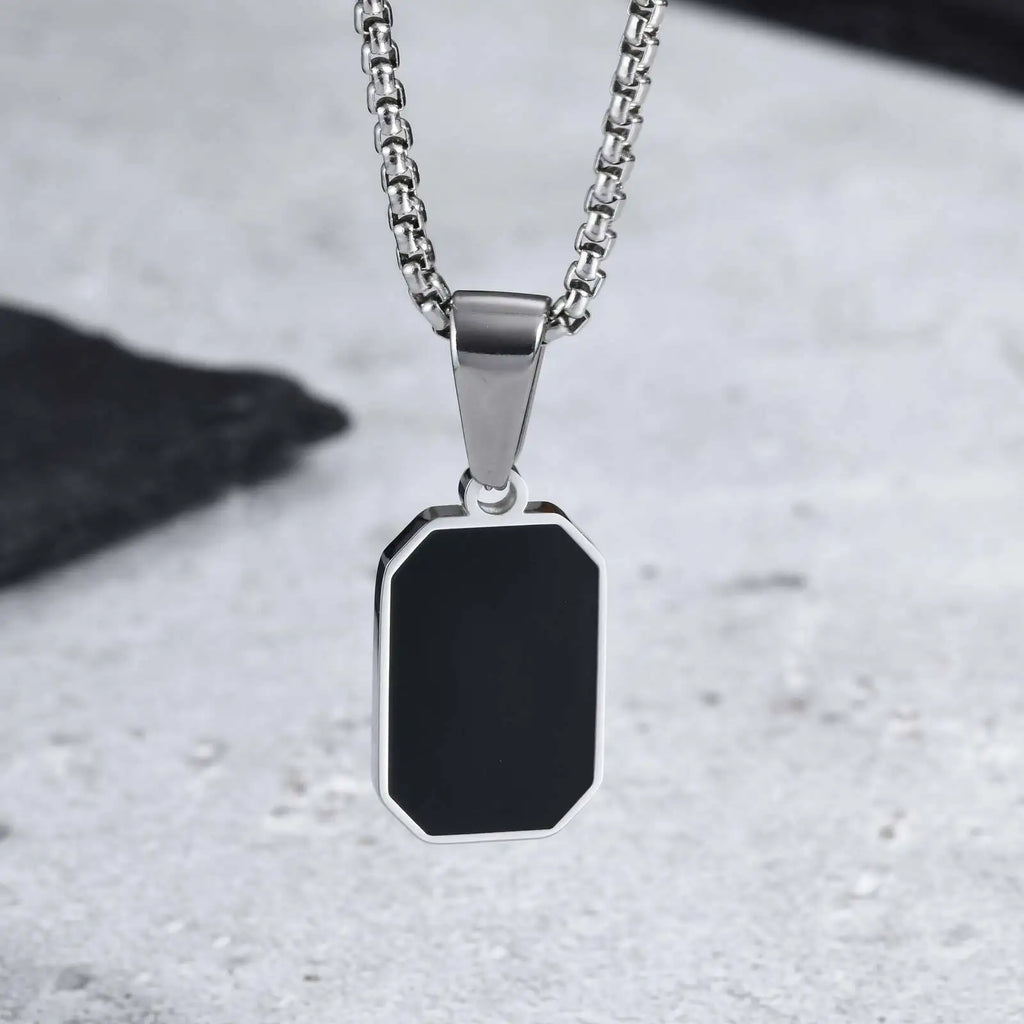 Stylish Men's Black Enamel Necklace,Stainless Steel Geometric Square Small Dogtags Necklace,Anniversary Birthday Father Gift