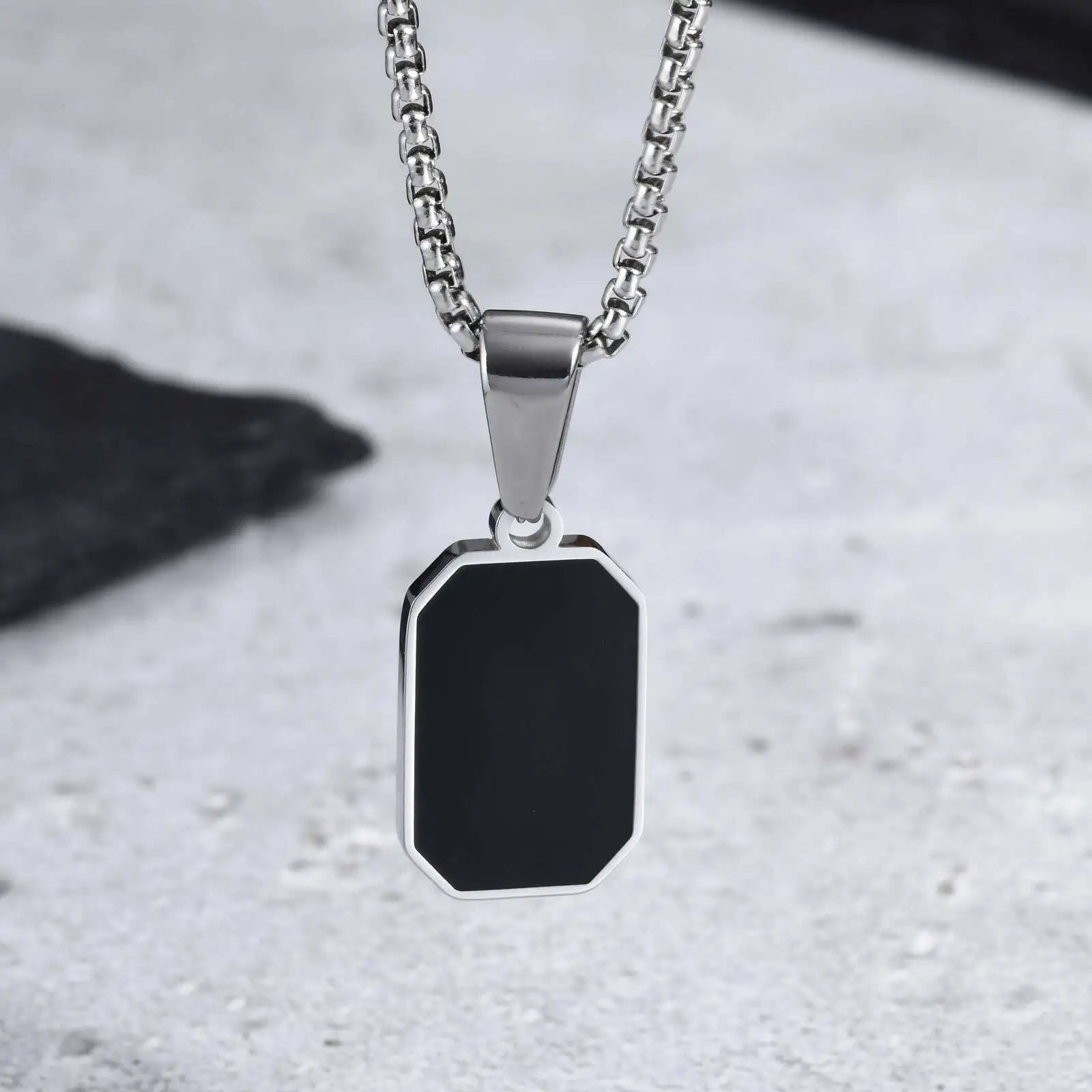 Stylish Men's Black Enamel Necklace,Stainless Steel Geometric Square Small Dogtags Necklace,Anniversary Birthday Father Gift
