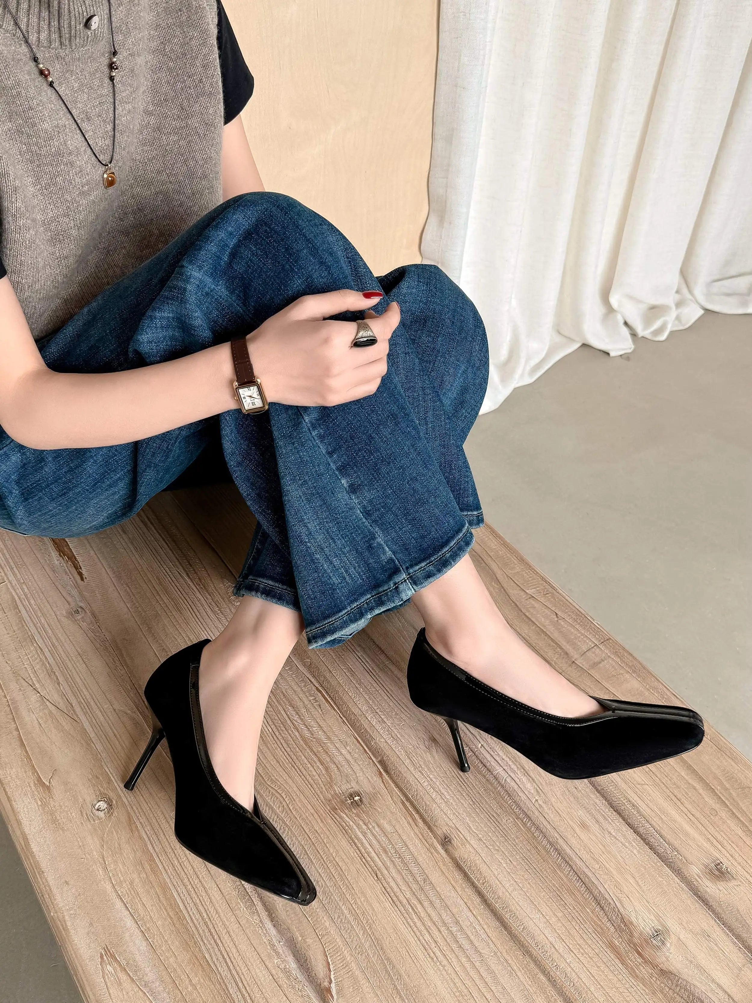Krazing Pot Superstar Kid Suede Shallow Square Toe High Heels Spring Autumn Shoes Office Lady Party Wedding Dress Women Pumps