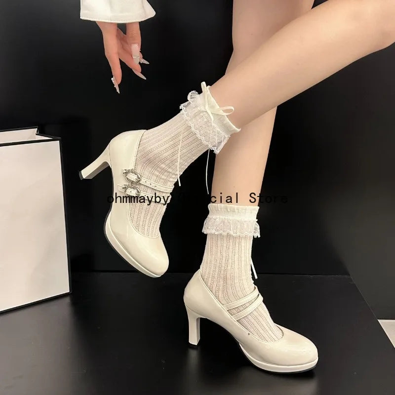 Thin High Heel Women Mary Jane Shoes Concise Shallow Belt Buckle Shoes Spring Autumn Ladies Elegant Wedding Dancing Pumps