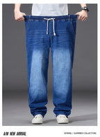 8XL Elastic Waist Men's Jeans, Loose Straight Leg Stretch Denim Pants, Plus Size Casual Streetwear, Big Size Relaxed Fit Trouser