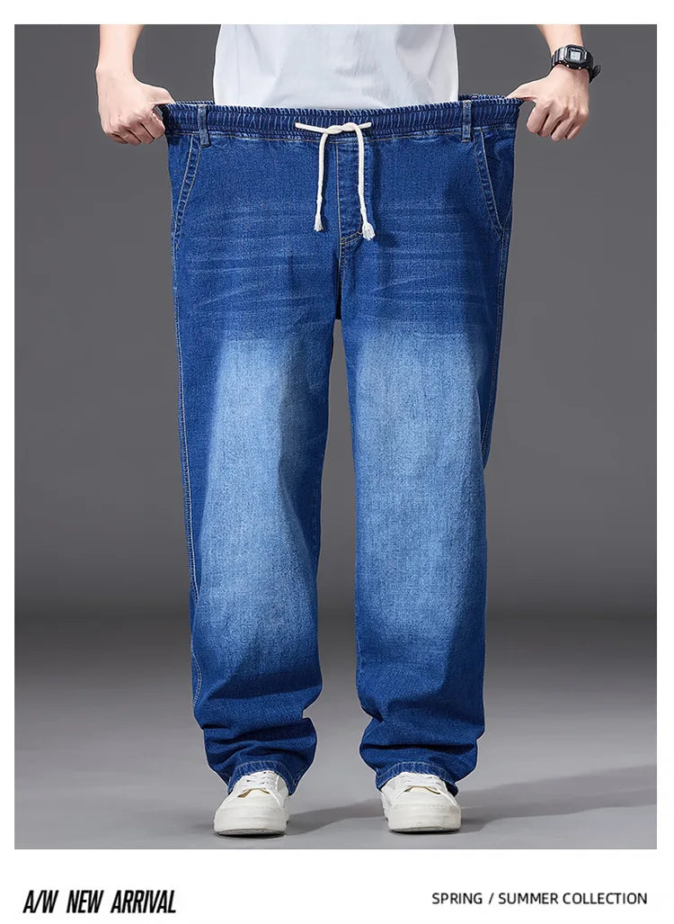 8XL Elastic Waist Men's Jeans, Loose Straight Leg Stretch Denim Pants, Plus Size Casual Streetwear, Big Size Relaxed Fit Trouser