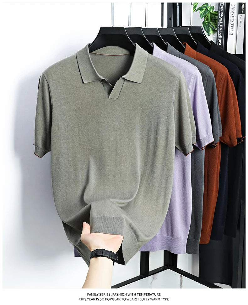 100%  Lyocell Knitwear 2025 Men Spring Summer Trendy Turn Down Collar Knit Tees Short Sleeve Breathable Knit Tops
