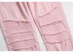 Men's Pleated Patch Denim Biker Jeans Streetwear Pink White Cotton Pants Ripped Patchwork Slim Straight Trousers