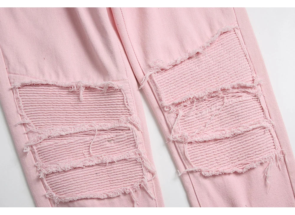 Men's Pleated Patch Denim Biker Jeans Streetwear Pink White Cotton Pants Ripped Patchwork Slim Straight Trousers