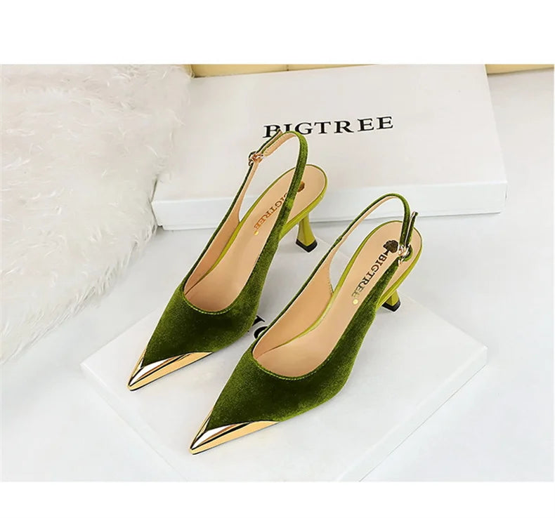 Elegant Women Green High Heel Velvet Pumps Wedding Party Slingback Sandals Metal Pointed Toe Hollow Buckle Wine Red Shoes