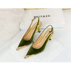 Elegant Women Green High Heel Velvet Pumps Wedding Party Slingback Sandals Metal Pointed Toe Hollow Buckle Wine Red Shoes