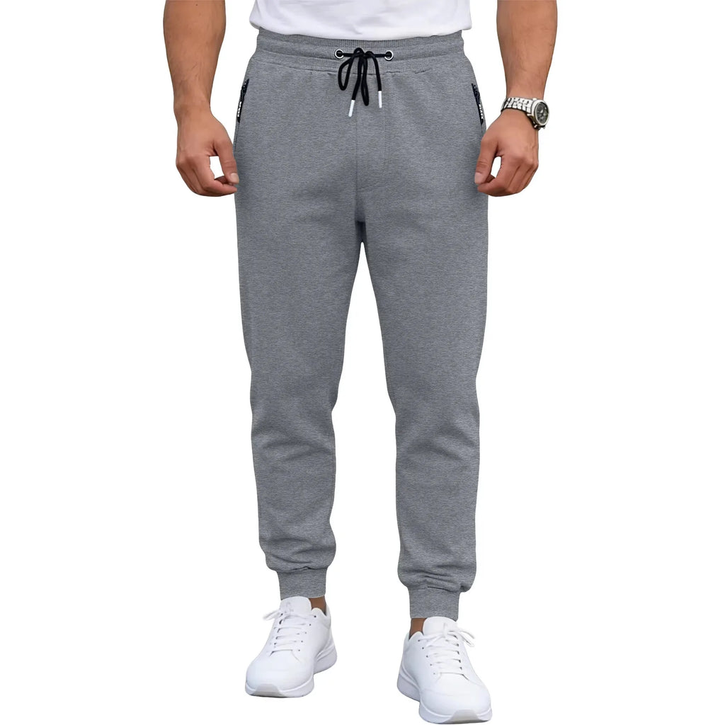 Spring/Autumn High-Quality Men's Sport Pants with Drawstring Cuffs and Zippered Pockets - Solid Color Elasticated Casual Pants