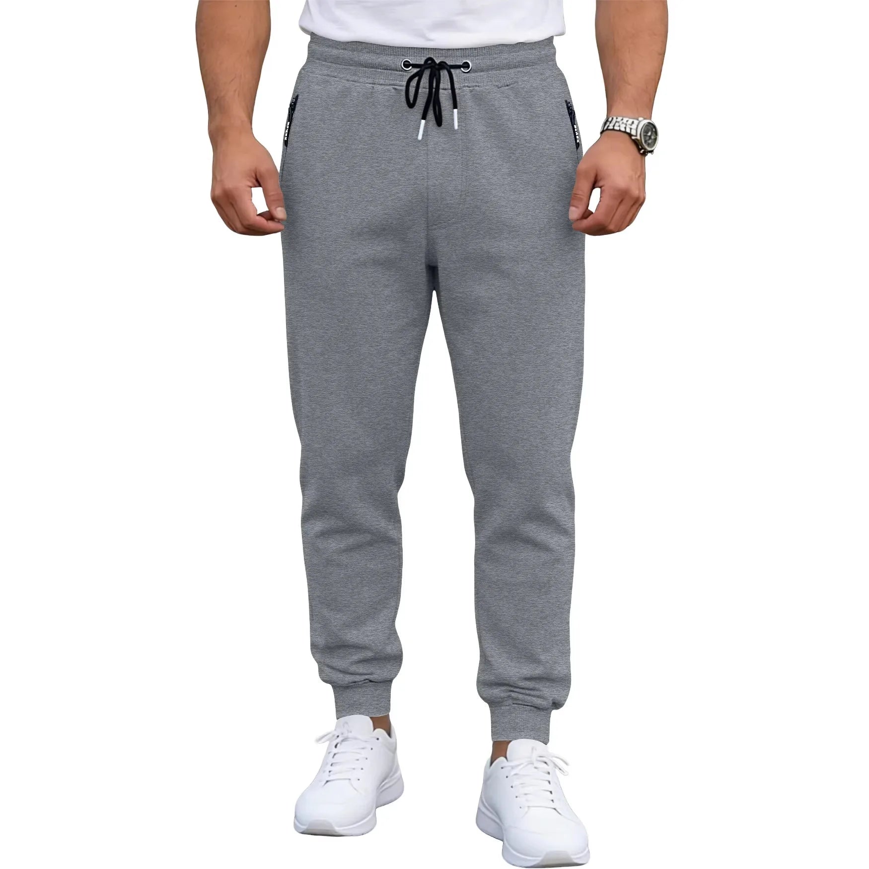 Spring/Autumn High-Quality Men's Sport Pants with Drawstring Cuffs and Zippered Pockets - Solid Color Elasticated Casual Pants