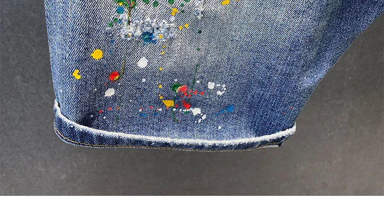 2025 Summer New Fashion Trend Printed Ripped Straight Stretch Jeans Men's Casual Loose Sports High Quality Denim Shorts 28-36