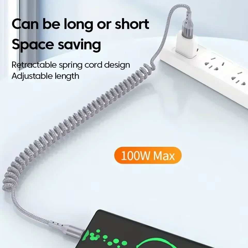 25CM To 1.5M Car Spring Charge Cable 100W Fast Charging USB C To Type C Cable For iPhone 16 15 Huawei Xiaomi Samsung Type C Cord