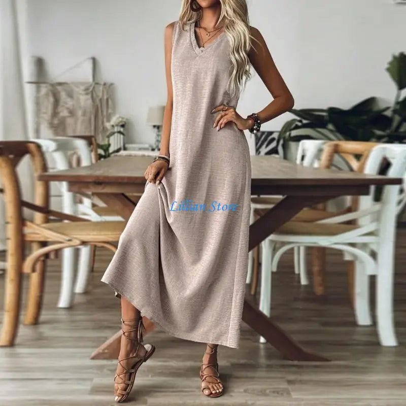 Q1FA Summer Dresses for Women Cotton Linen Maxi Dress Casual Sleeveless Long Sundress Vacation Outfits