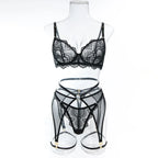 Sexy Lace Lingerie Set 3 Piece Sheer Mesh Bra Briefs Garter Belt Strappy Hollow Out Waist Cincher Black Erotic Costume Women