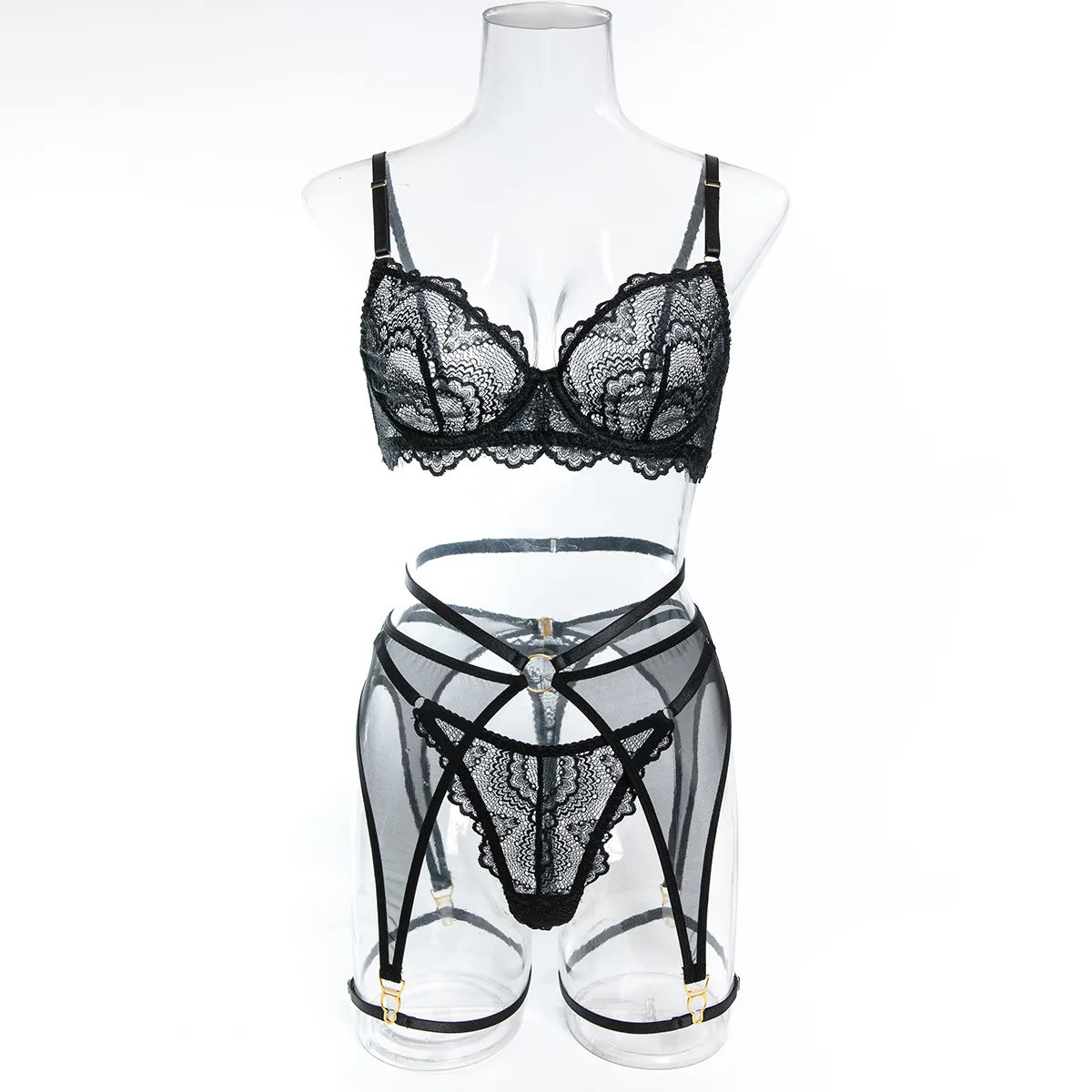 Sexy Lace Lingerie Set 3 Piece Sheer Mesh Bra Briefs Garter Belt Strappy Hollow Out Waist Cincher Black Erotic Costume Women