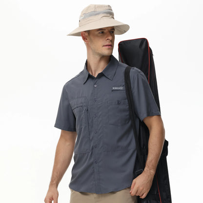 Summer Men's UPF 50+ Fishing Shirts, Lightweight Breathable Short Sleeve Cargo Shirt, Button Down Tactical Shirts Workout
