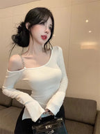 Pure And Elegant Irregular-necked Off-the-shoulder Tight T-shirt For Women
