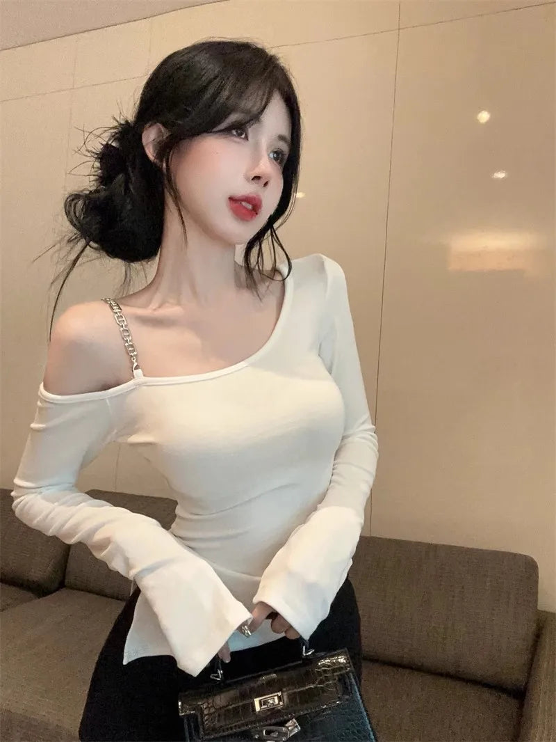Pure And Elegant Irregular-necked Off-the-shoulder Tight T-shirt For Women