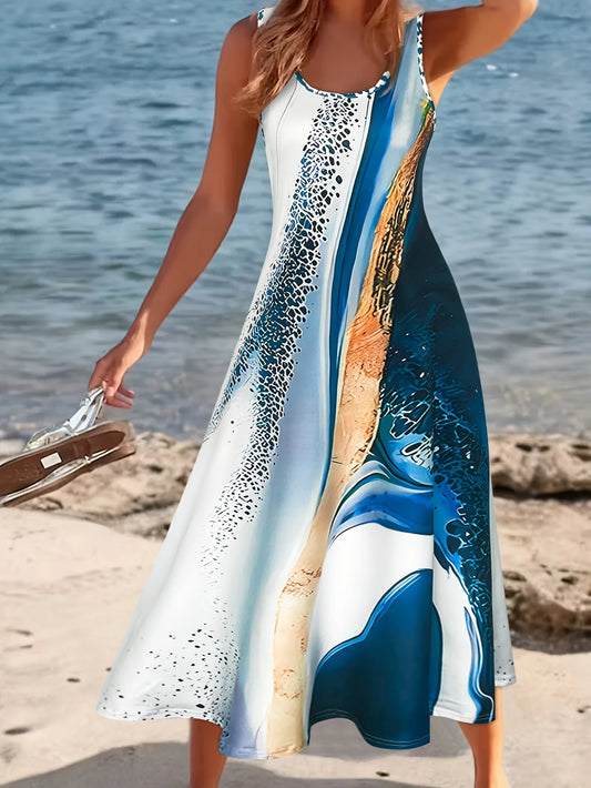 Dresses for Woman Women's Sleeveless with Design-inspired Green Block Pattern Maxi Dress Casual Summer Vacation Style Round Neck