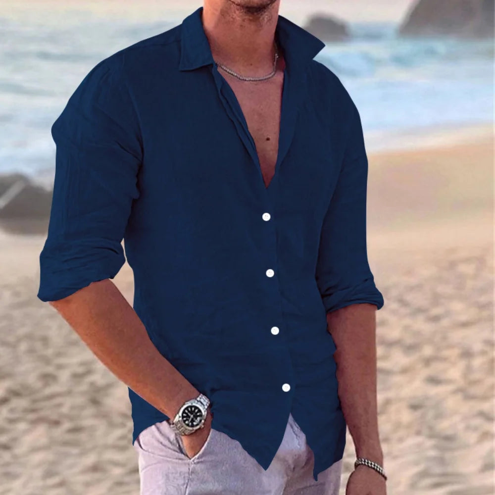 New Men's Shirt Cotton linen Fashion Casual Polo Neck Beach Shirt Long Sleeve Solid Hawaiian Holiday Shirts