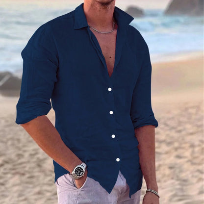 New Men's Shirt Cotton linen Fashion Casual Polo Neck Beach Shirt Long Sleeve Solid Hawaiian Holiday Shirts
