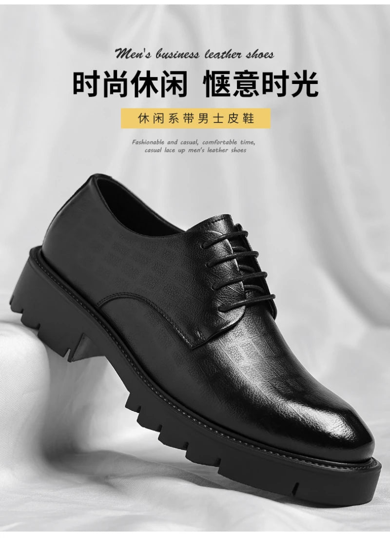 Men's Thick-Soled Low-Cut Business Formal Leather Shoes With Lace-Up Height Increase Groom's Wedding Shoes With Suit Shoes