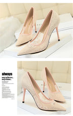 2024 Black Flower Lace Mesh Pumps Women Pointed Toe Shallow Fashion Party Single Shoes Show Thin High Heel Office Shoes