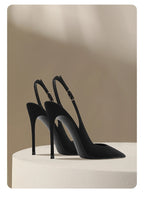 New Baotou fine heeled sandals for women, black with a buckle strap and a back strap, fashionable suede high heels