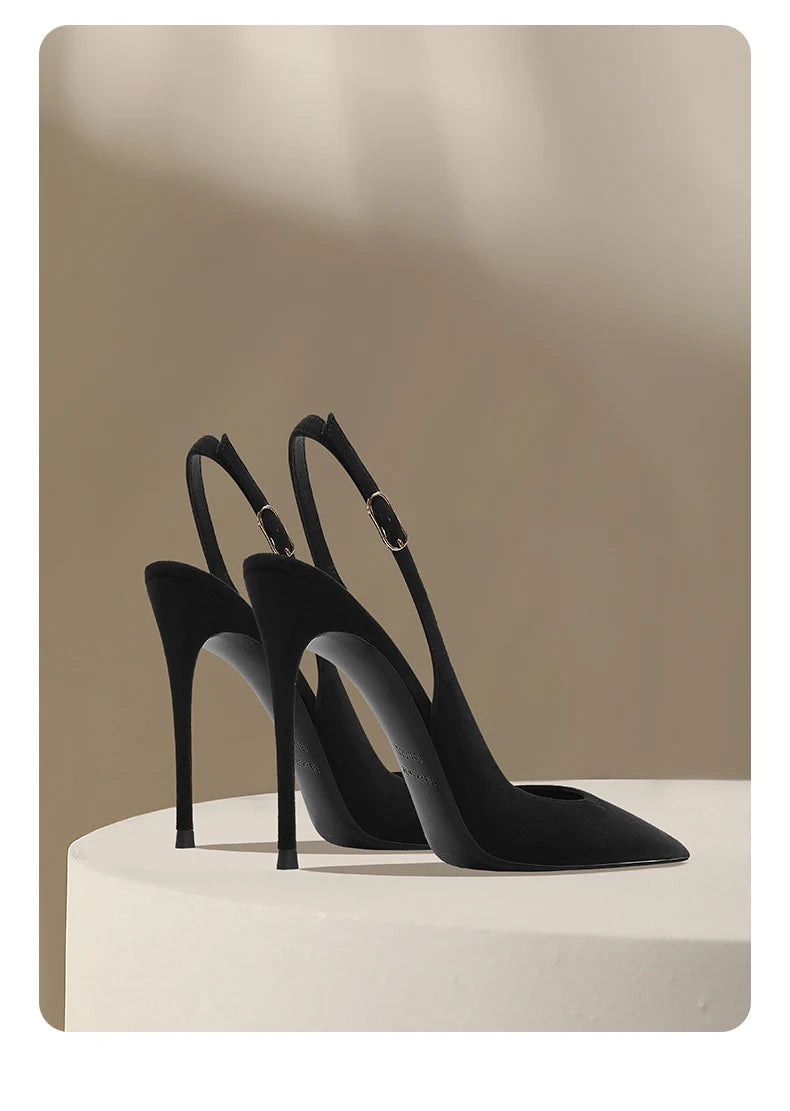 New Baotou fine heeled sandals for women, black with a buckle strap and a back strap, fashionable suede high heels
