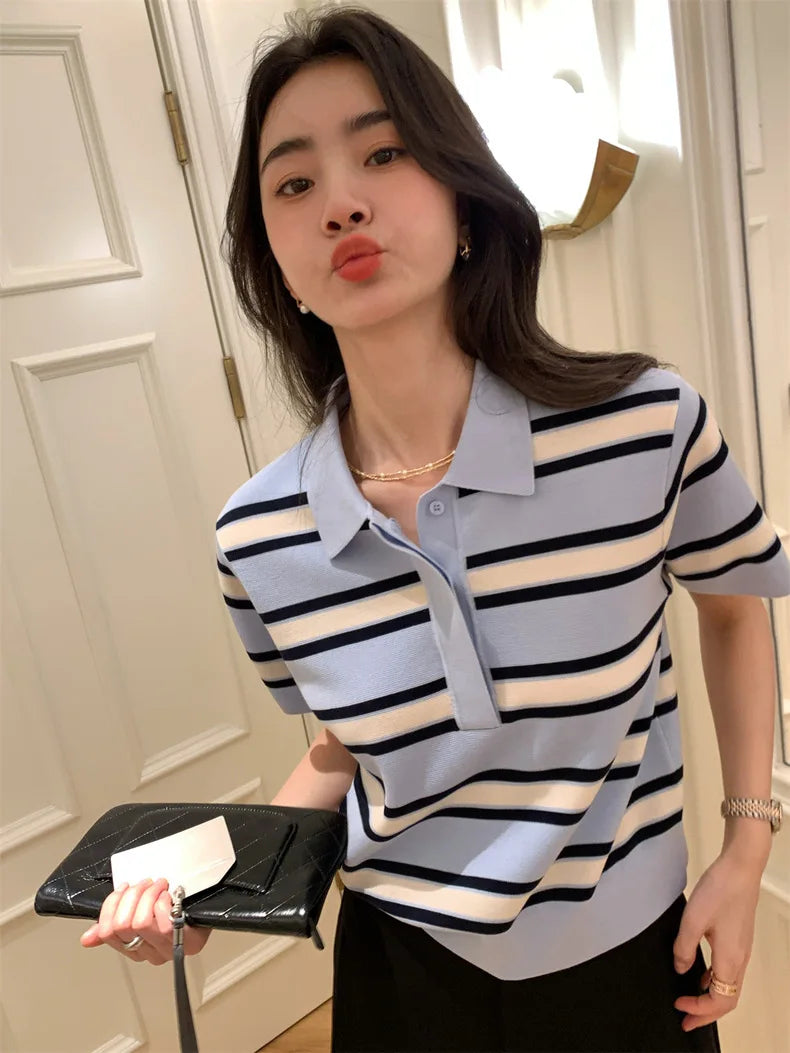 Striped POLO Neck Ice Silk Short Sleeved Women's Summer Thin Fashion Loose Lapel Knit Top