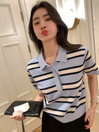 Striped POLO Neck Ice Silk Short Sleeved Women's Summer Thin Fashion Loose Lapel Knit Top