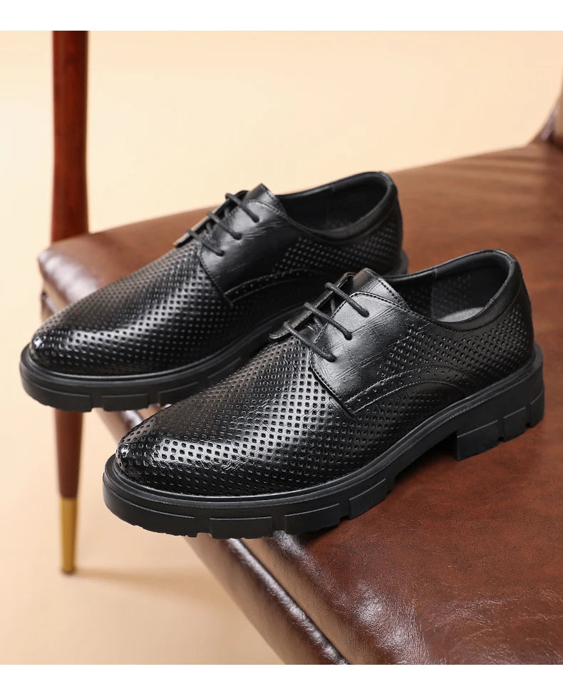 New Men Hollow Summer Platform High Heel 5/8/10 CM Height Growth Formal Men Derby Leather Shoes Man Wedding Dress Shoes Elevator
