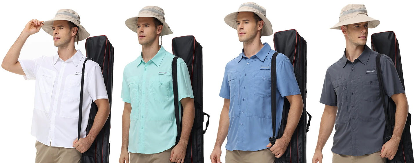 Summer Men's UPF 50+ Fishing Shirts, Lightweight Breathable Short Sleeve Cargo Shirt, Button Down Tactical Shirts Workout