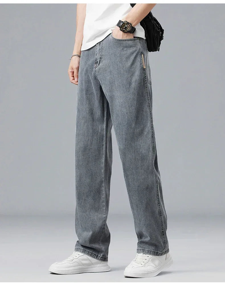 2026 New Summer Ultra-thin Lyocell Men's Jeans Drape Soft Fabric Loose Straight Casual Denim Pant Elastic Ice Silk Male Trousers
