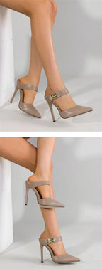 Liyke Fashion Design Metal Decoration Strap Women Pumps Slippers Cozy Leather Pointed Toe Black High Heels Shoes Stiletto Sandal