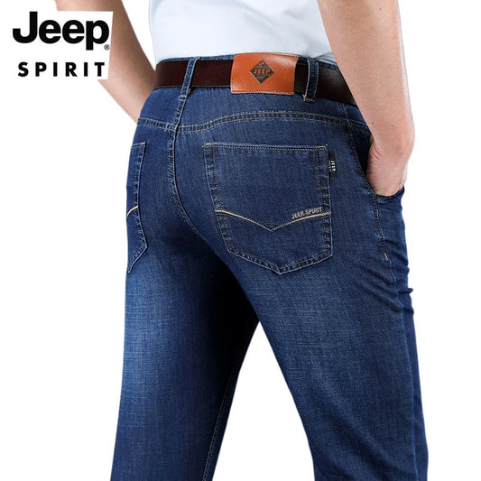 JEEP SPIRIT spring summer men's straight jeans casual loose mid-waist trousers all-match fashion business elastic denim pants