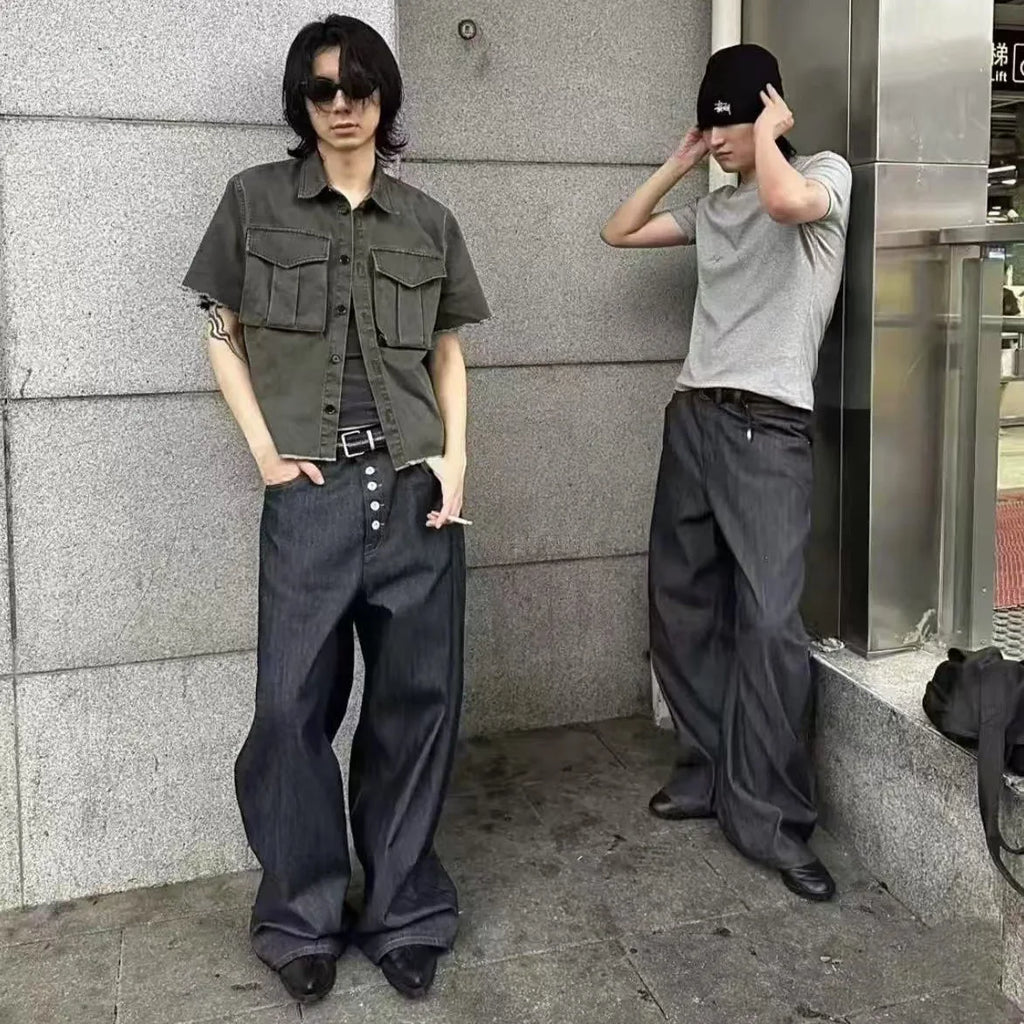 MWJLPWQ Button Design Machete Denim Baggy Jeans Men's High Street Edge Selvedge Niched Hiphop Loose Long Wide Leg Pants 12377